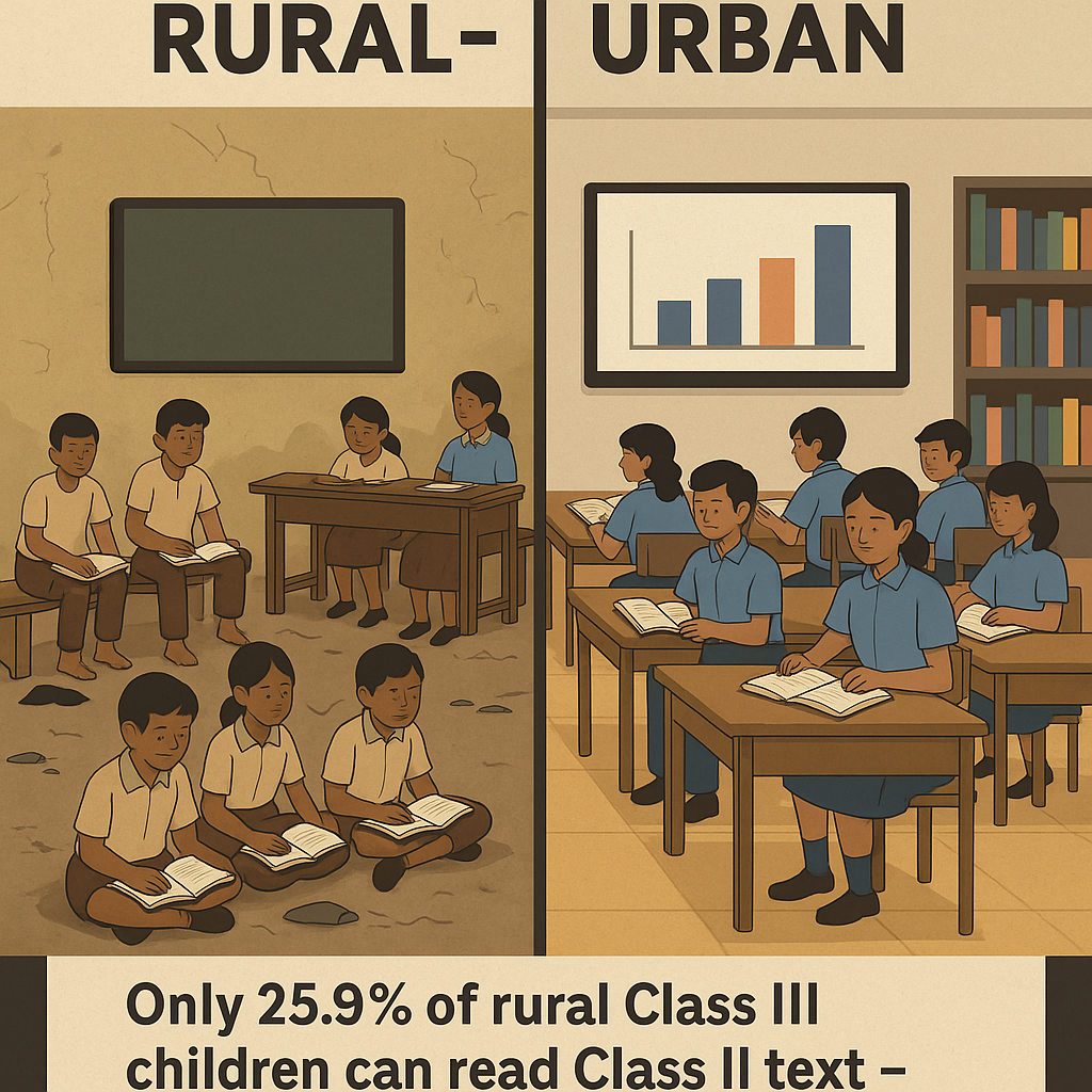 An abandoned rural classroom with broken benches, no blackboard, and scattered school bags, reflecting neglect in education infrastructure.